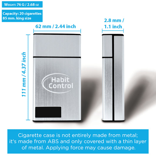 Cigarette lockbox with a timer holds 20 king-size cigarettes and is made of ABS material covered with a thin metal layer