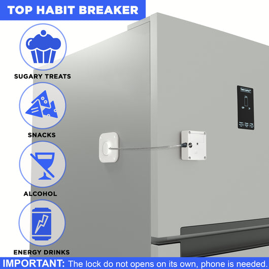 Habit Control lock attached to the fridge to limit consumption of alcohol, junk food, snacks, soda etc.