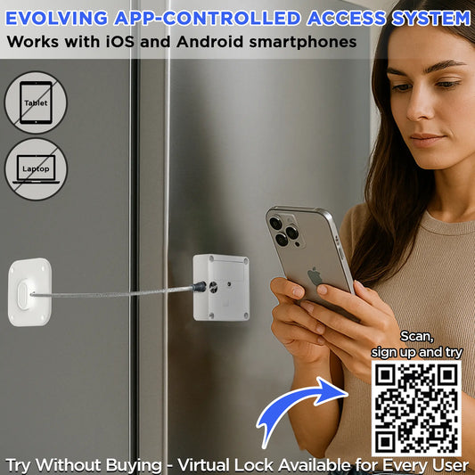 Woman using a smartphone to control Habit Control fridge lock. Build in test virtual lock