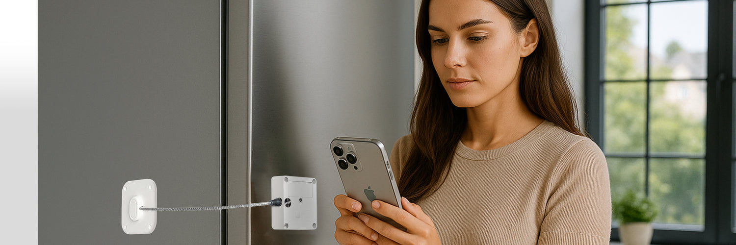 Woman using a smartphone to control a smart lock attached to a refrigerator, preventing access to food for better habit control.
