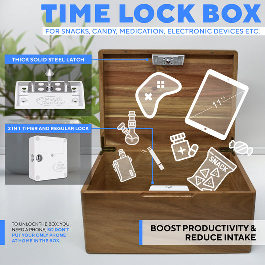 Time lock box for snacks, cookies, candies, cigarettes, electronic devices