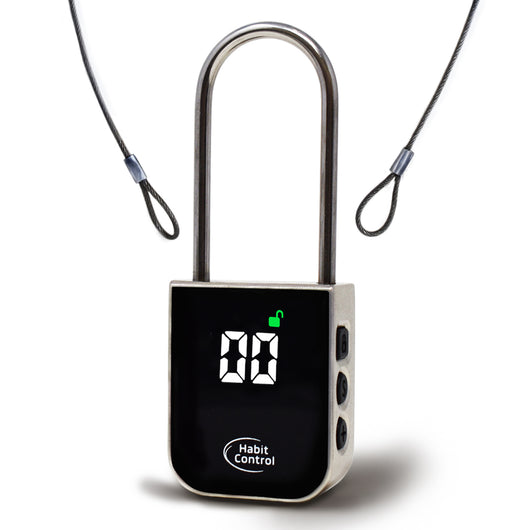 Timer lock padlock with rubberized steel cable on white background