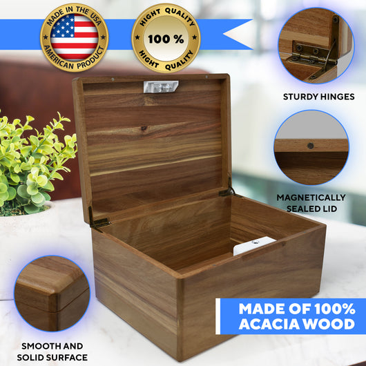Features of acacia wood lock box: magnetically sealed lid, smooth and solid surface, sturdy metal hinges