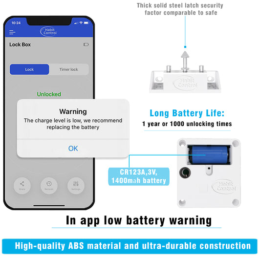 1 year or 1000 unlocking times battery life and in app low battery warning