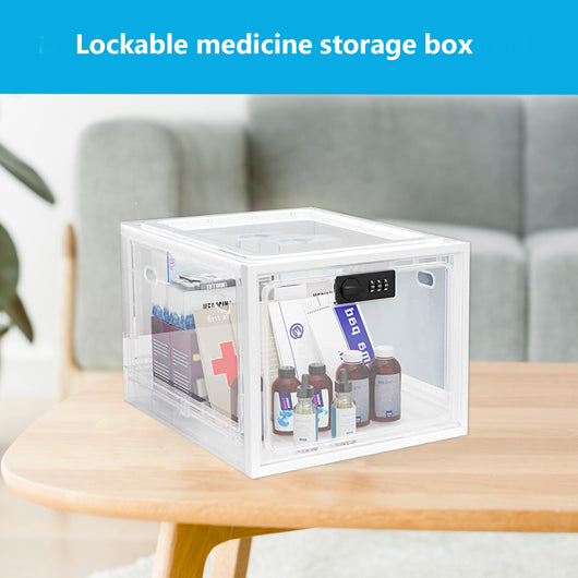 A clear lockbox placed on the table, filled with medicines. A great way to securely store medicines away from children.
