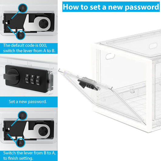 How to set a new password. Open the box using default code 000 than switch the lever from A to B, set a new password and switch the lever from B to A to finish
