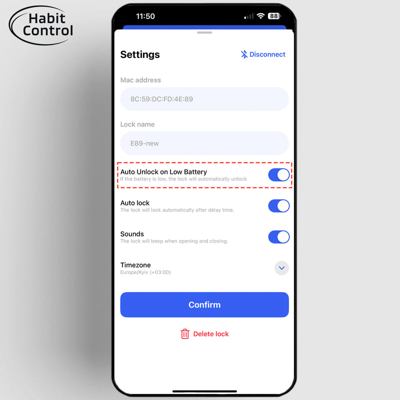Smartphone screen showing the Habit Control app's settings page, with options like 'Auto Unlock on Low Battery', 'Auto Lock', and 'Sounds' toggled on. The interface confirms that the lock will automatically unlock if the battery is low, enhancing safety and user convenience.