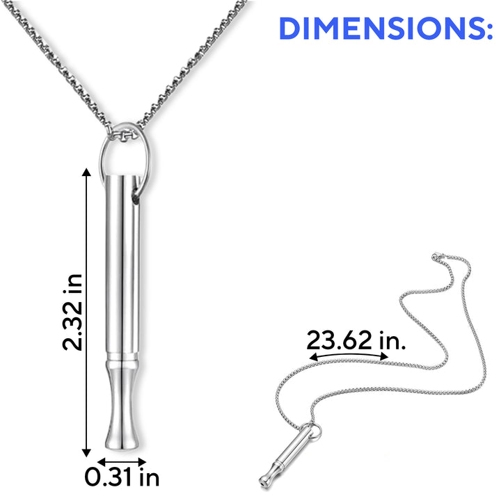 Silver necklace inhaler on a white background, measuring 2.32 × 0.31 inches, with a 23.62-inch chain.