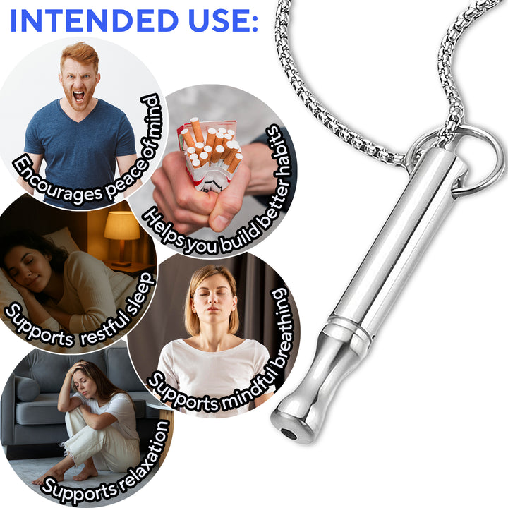 Silver stop smoking inhaler necklace with intended use for stress relief, reduce the tendency to anger, help quit smoking, help soothe the panic, support mindful breathing on a white background