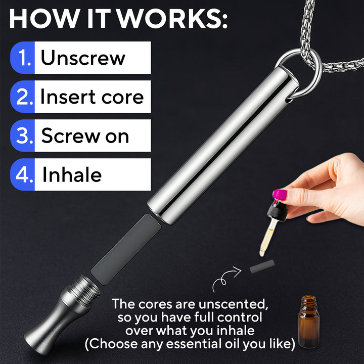 Step-by-step guide showing how to use a silver essential oil inhaler necklace: 1. Unscrew the cap, 2. Insert the already scented core, 3. Screw the cap back on, 4. Inhale. A hand is adding essential oil to the core, with a small amber dropper bottle nearby. Text notes that cores are unscented, allowing use of any preferred essential oil. Package do not include any essential oil.