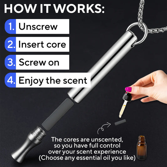 Step-by-step guide showing how to use a silver essential oil breathing necklace: 1. Unscrew the cap, 2. Insert the already scented core, 3. Screw the cap back on, 4. Enjoy the scent. A hand is adding essential oil to the core, with a small amber dropper bottle nearby. Text notes that cores are unscented, allowing use of any preferred essential oil. Package do not include any essential oil.
