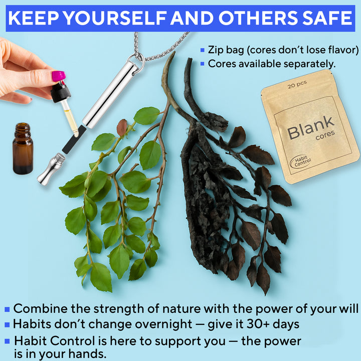Promotional image for Habit Control inhaler necklace showing a hand adding essential oil to an unscented core, fresh green leaves next to dried blackened leaves symbolizing health improvement, a small amber dropper bottle, and a packet of 20 blank replacement cores. Text highlights benefits: zip bag to preserve flavor, separate core availability, nature combined with willpower, habit change in 30+ days, and Habit Control support.
