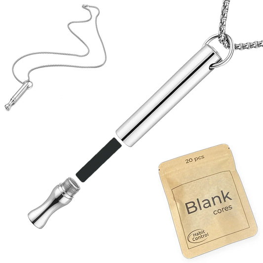 Silver breathing necklace for everyday aromatherapy routine and a package of 20 'Blank cores' on a white background