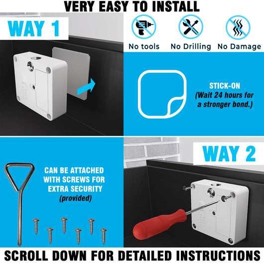 Two ways to install Habit Control lock into cabinet, drawer or wooden box. Tape or Screws