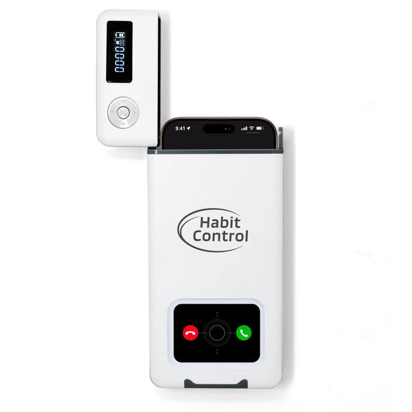 White electronic lock box labeled 'Habit Control' with a smartphone inside and a digital timer display on top.
