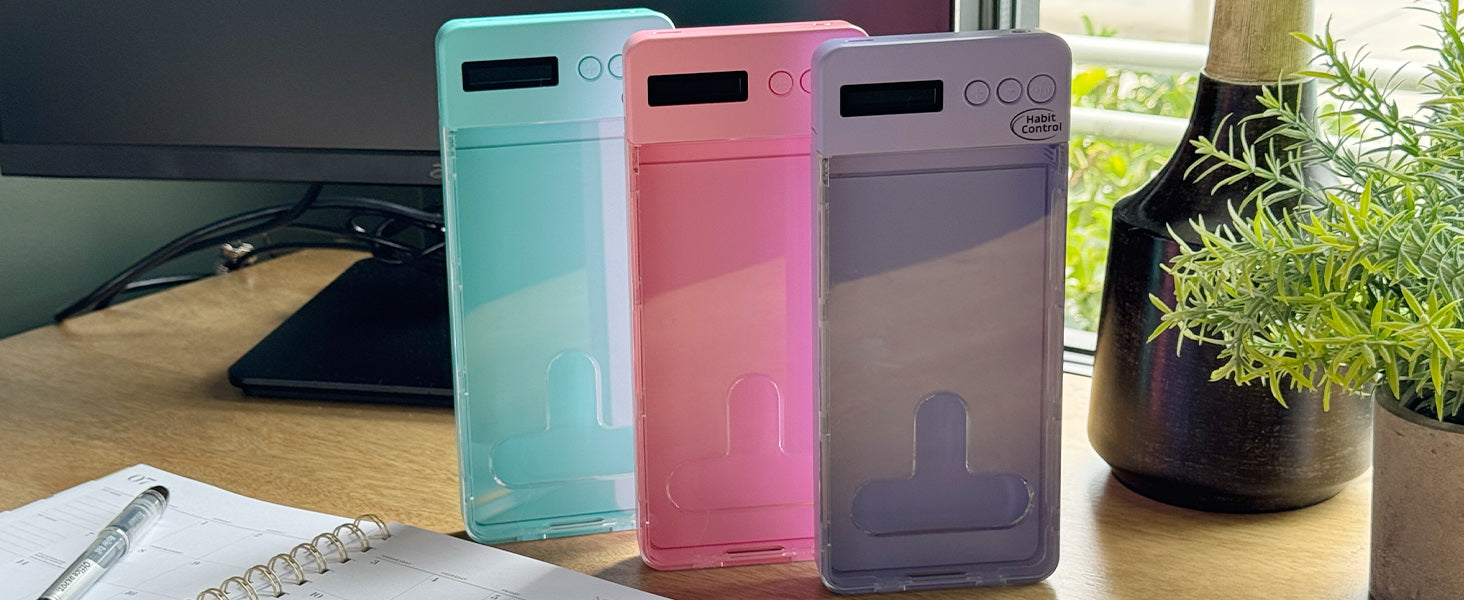 Habit Control phone lock box with timer - available in multiple colors: white, black, turquoise, pink, and purple
