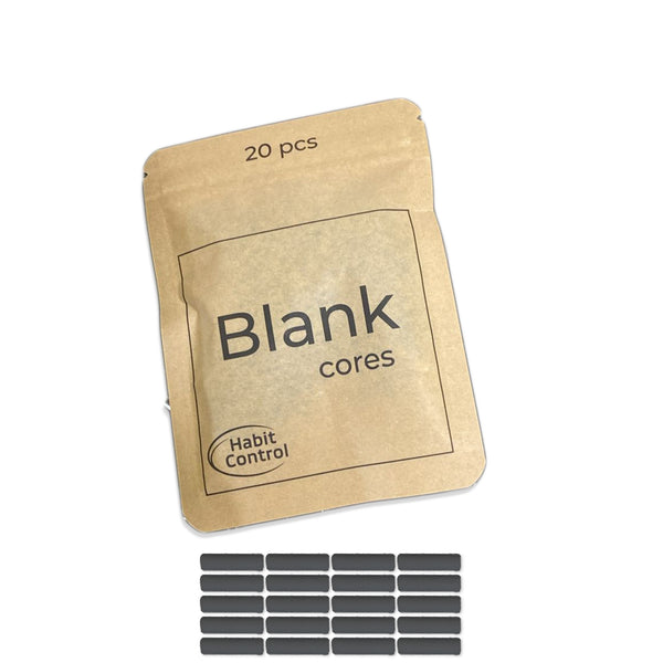Kraft paper package labeled "Blank Cores" with "Habit Control" branding on a white background.
Blank cores designed for quit-smoking and aromatherapy use.