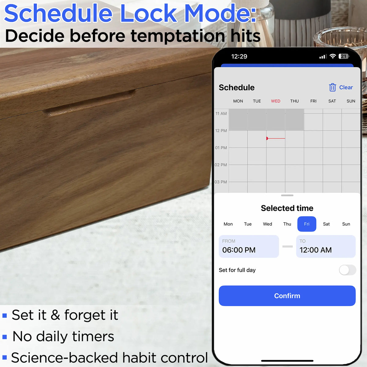 The Habit Control lock box features a schedule mode, allowing you to set which hours are restricted for opening and which are not.
