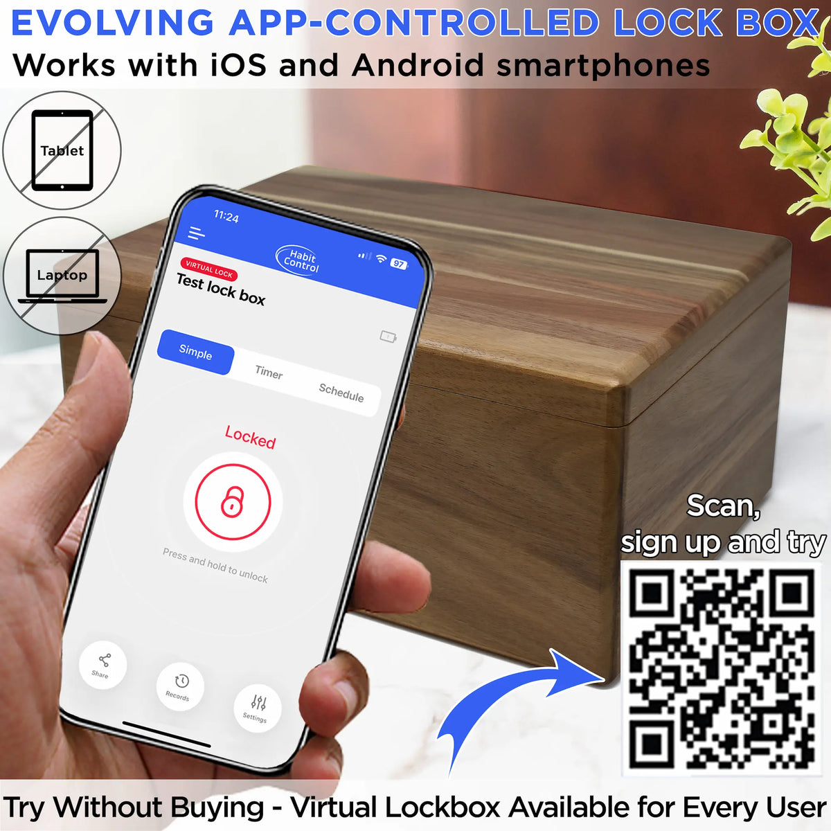 Smart lock box with smartphone app control, compatible with iOS and Android. Test lock box available to try full functionality before buying, download the app to try
