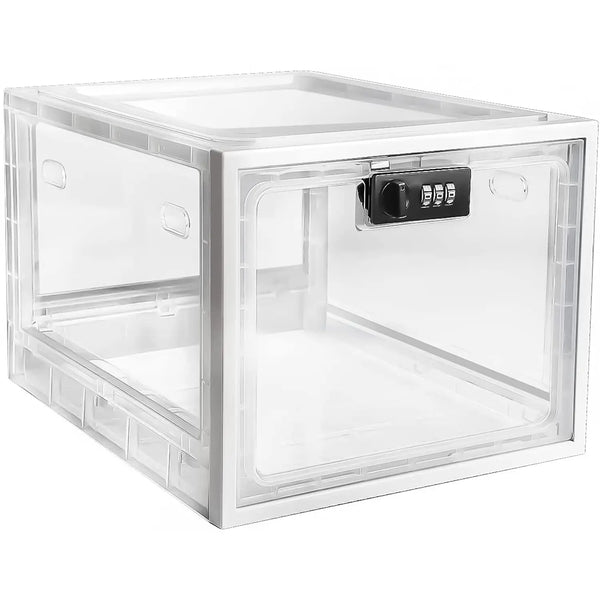 Clear lock box with combination lock on white background
