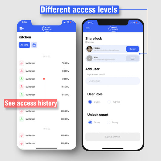 Due to working thought mobile app users can share lock's access with different levels and track access history