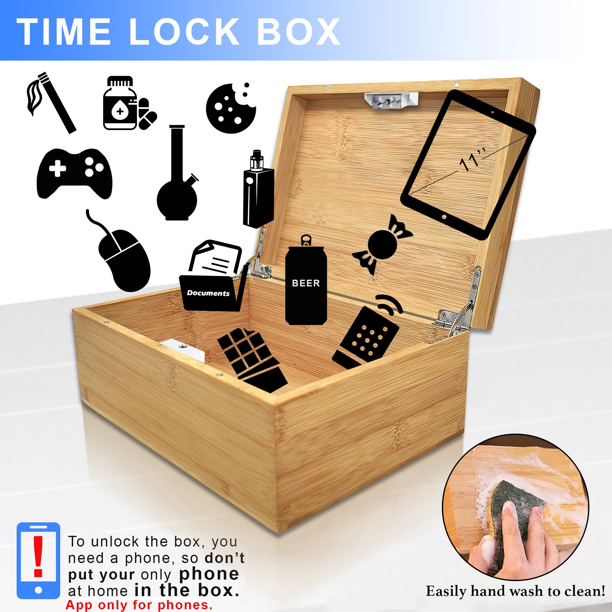 Wooden Time Lock Box App Controlled, Timed Locking Container – Habit ...