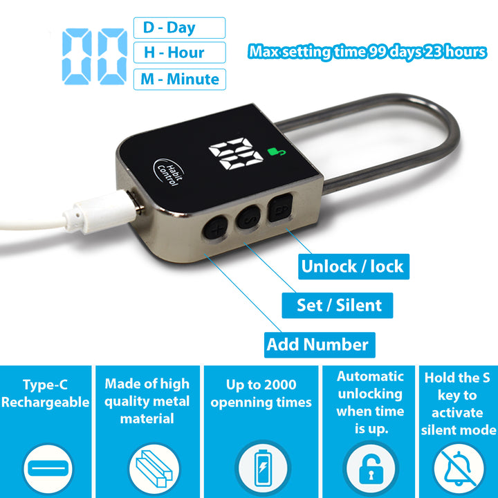 Digital timed lock padlock with time setting features and specifications on a white background
