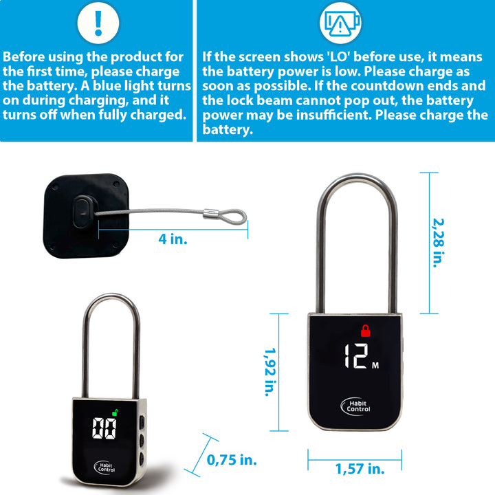 Smart timer lock with measurement details and charging instructions on a white background