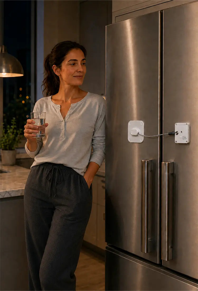 Woman holding a glass of water beside a refrigerator fitted with a Habit Control lock, helping her follow through on her commitment to avoid snacks and alcohol after a chosen time.