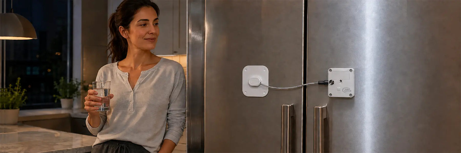 Woman holding a glass of water beside a refrigerator fitted with a Habit Control lock, helping her follow through on her commitment to avoid snacks and alcohol after a chosen time.