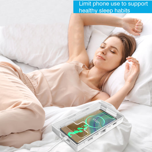 A woman enjoys uninterrupted sleep because her phone is locked in Habit Control lock box.