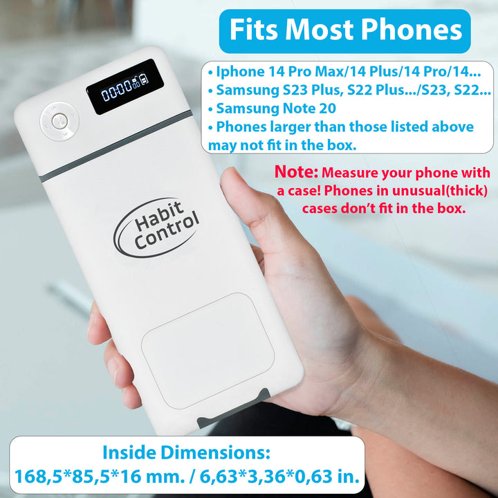 Lockable storage box with timer fits more phone models with its big inside space 6,63 x 3,36 x 0,63 inch.