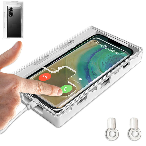 Cell phone clear lock box with two keys on white background
