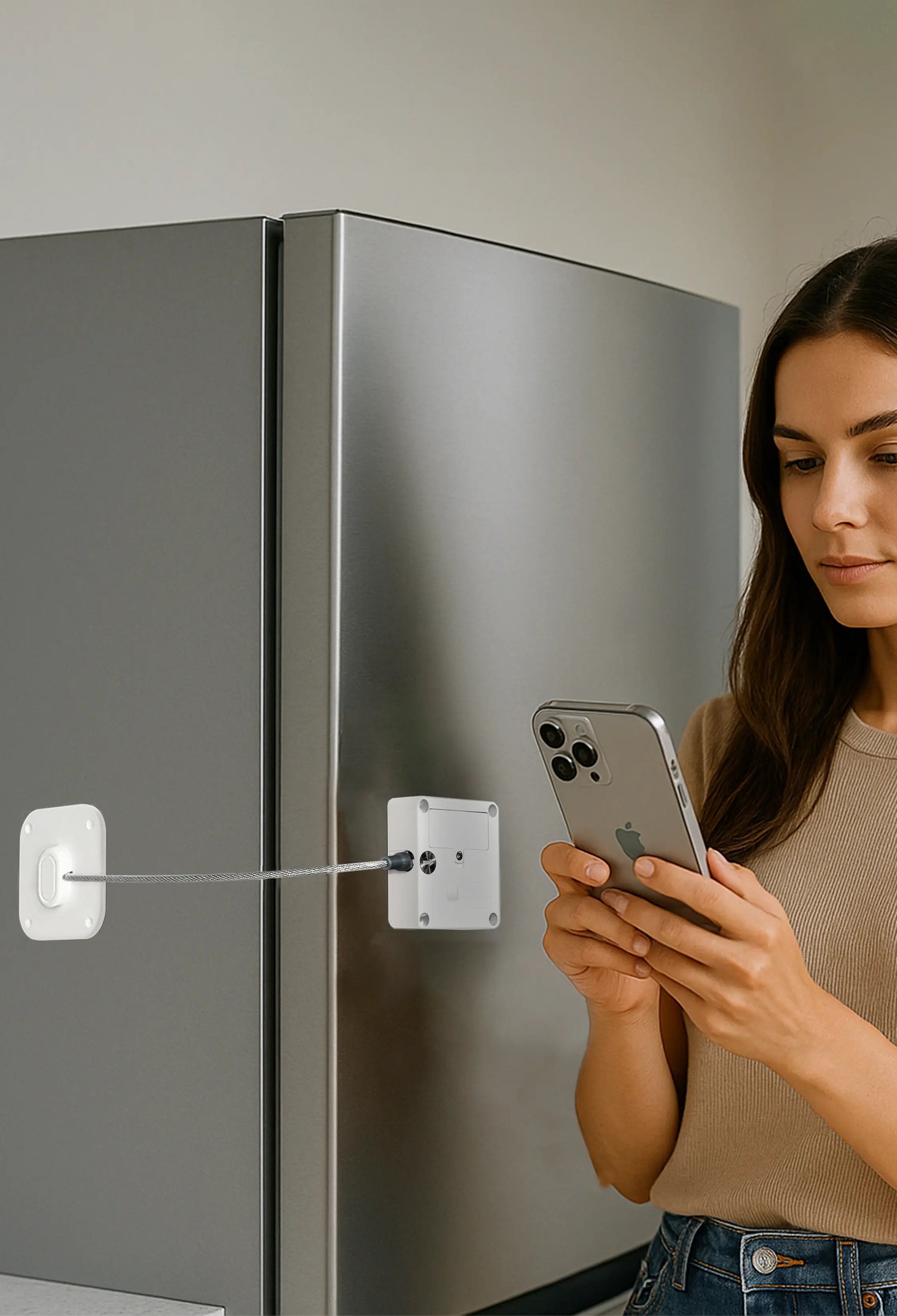 Woman using a smartphone to control a smart lock attached to a refrigerator, preventing access to food for better habit control.
