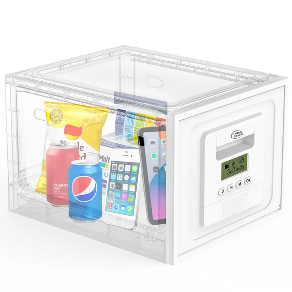 Timed lock box for electronic devices, energy drinks, soda and snacks
