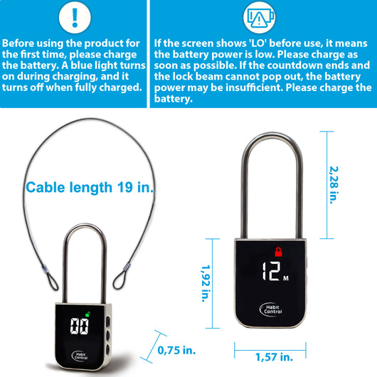 Timed lock's and rubberized cable's dimensions and low battery reminder