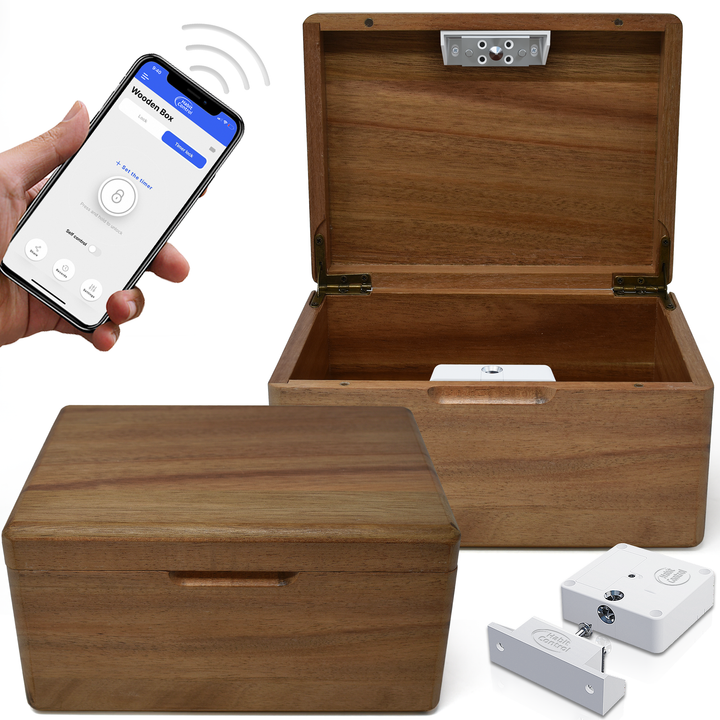 Acacia wood time release lock box app controlled on white background 