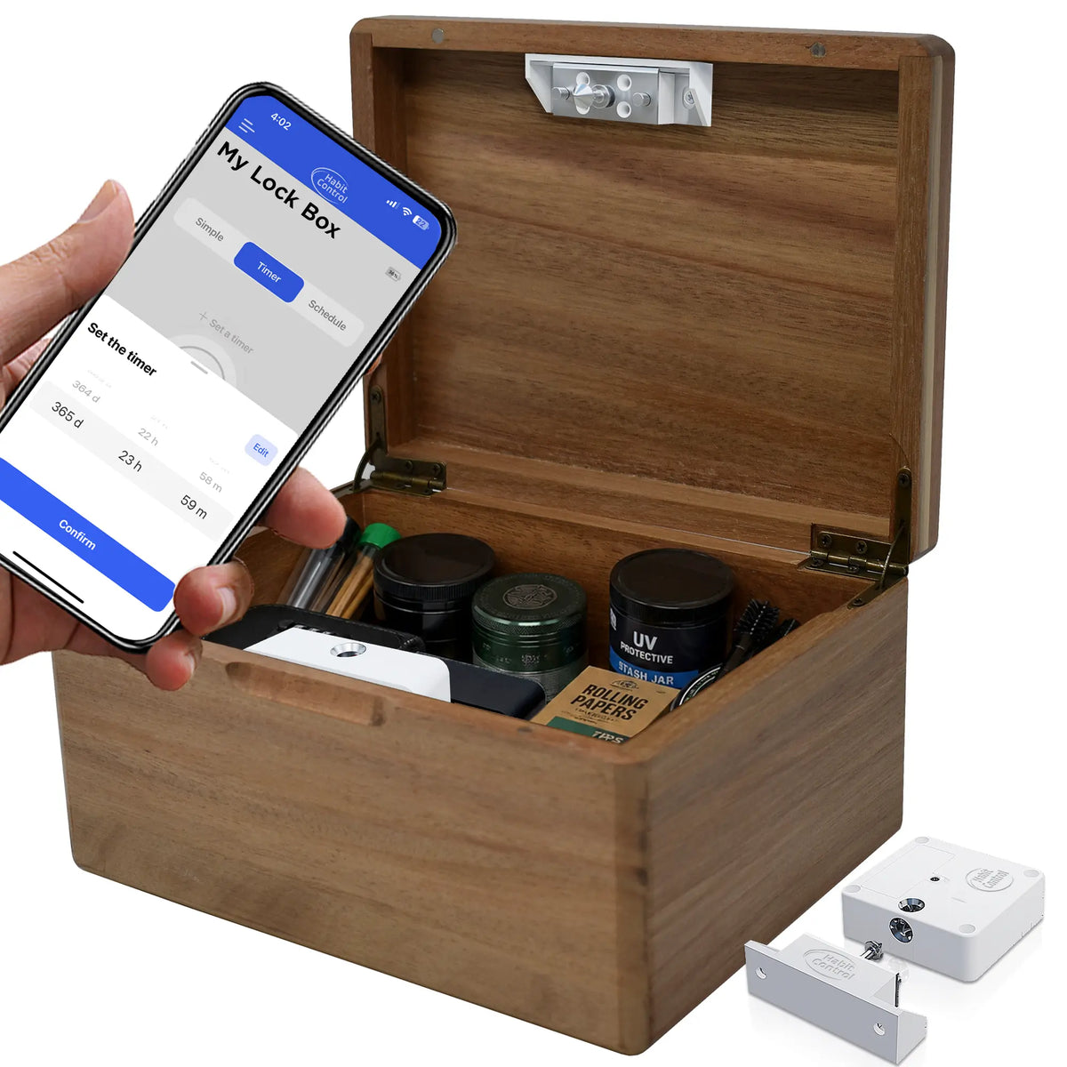 Acacia wood smart lock box app controlled on white background with simple, timer and schedule working modes

