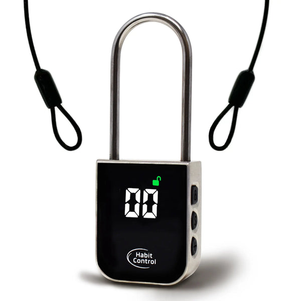 Timer lock padlock with rubberized steel cable on white background

