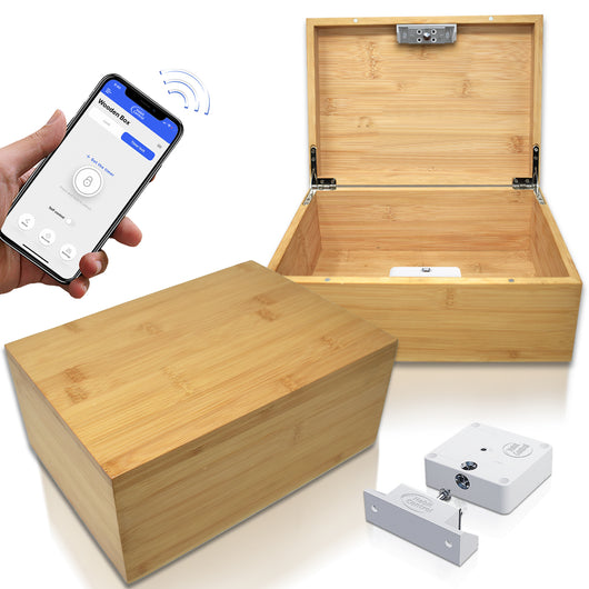 Bamboo wood timed lock box app controlled on white background 