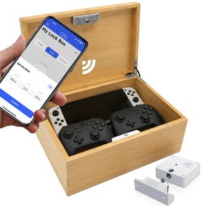 Bamboo wood timed lock box app controlled on white background 
