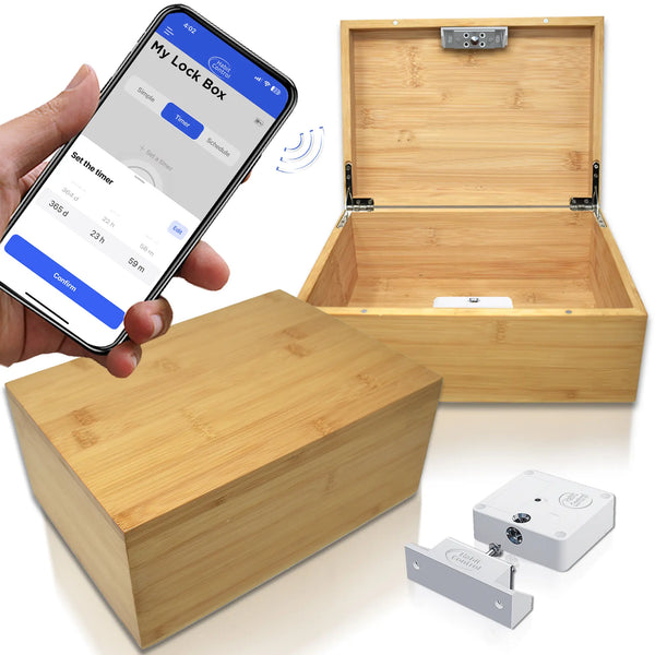 Bamboo wood timed lock box app controlled on white background 
