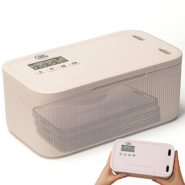 Beige timed lock box for cell phones, video games, socials, snacks