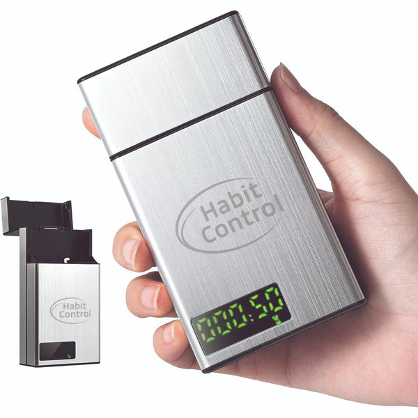 Hand holding a compact silver Habit Control smart timer lock box with digital countdown display, designed for securing small items and promoting better habits.
