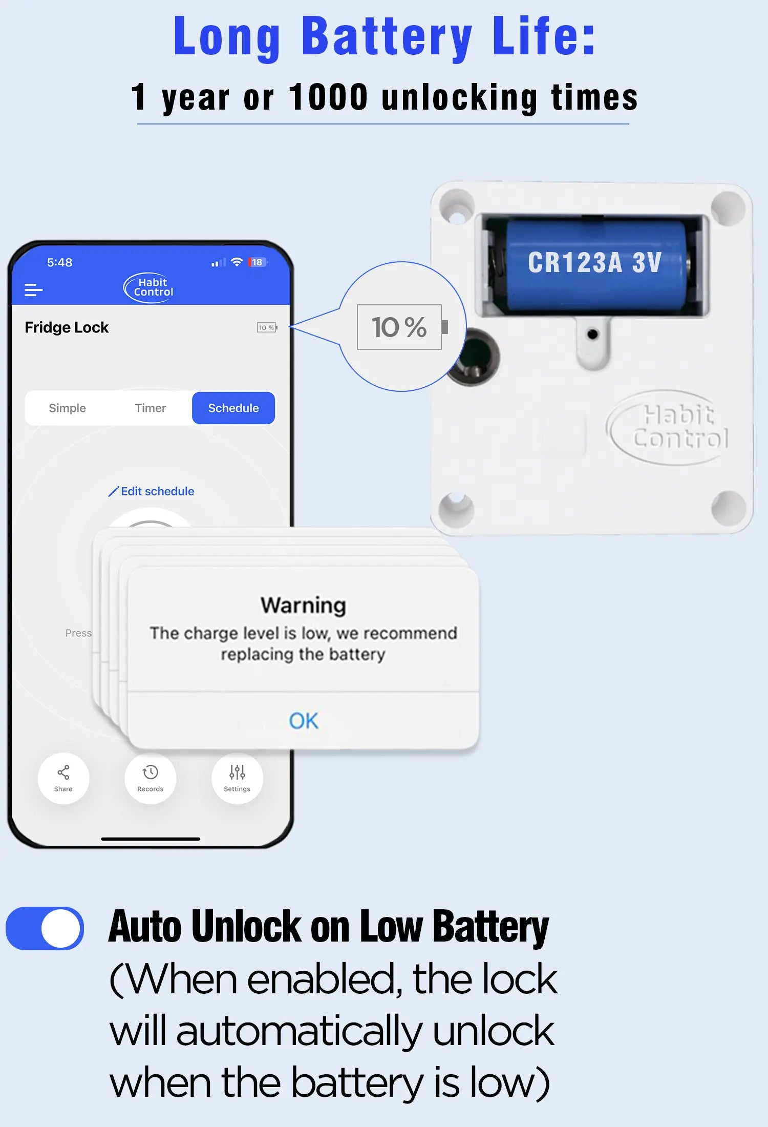 The Habit Control app lock has built-in low battery warnings and an optional auto-unlock toggle for low battery. It is equipped with a non-rechargeable CR123A 3V battery.
