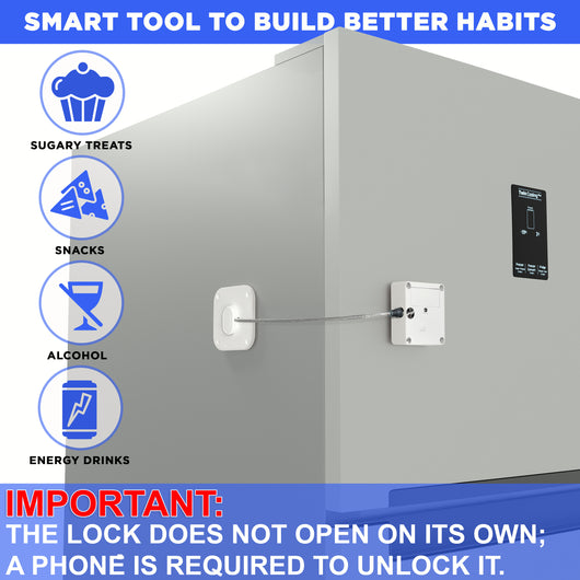 Smart lock for refrigerators, drawers and cabinets with timer feature to prevent access to sugary treats, snacks, alcohol, and energy drinks