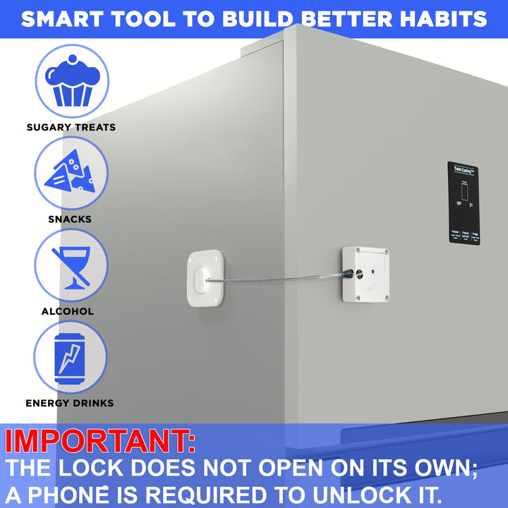 Smart lock for refrigerators, drawers and cabinets with timer feature to prevent access to sugary treats, snacks, alcohol, and energy drinks