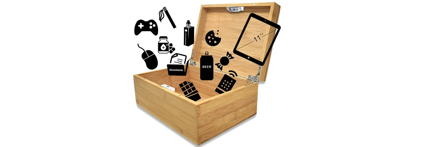 Wooden lock box for snacks, cookies, candies, cell phones, tablets, vapes, cigarettes, remotes, game controllers 