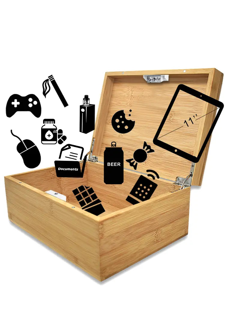 Wooden lock box for snacks, cookies, candies, cell phones, tablets, vapes, cigarettes, remotes, game controllers 