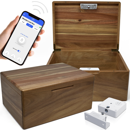 Wooden lock box with smartphone app control on a white background